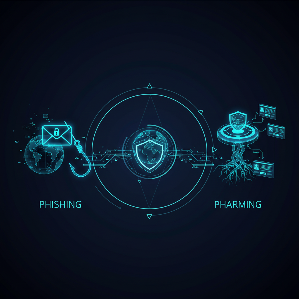 Side-by-side comparison of phishing (email hook) and pharming (DNS redirect) with icons and text